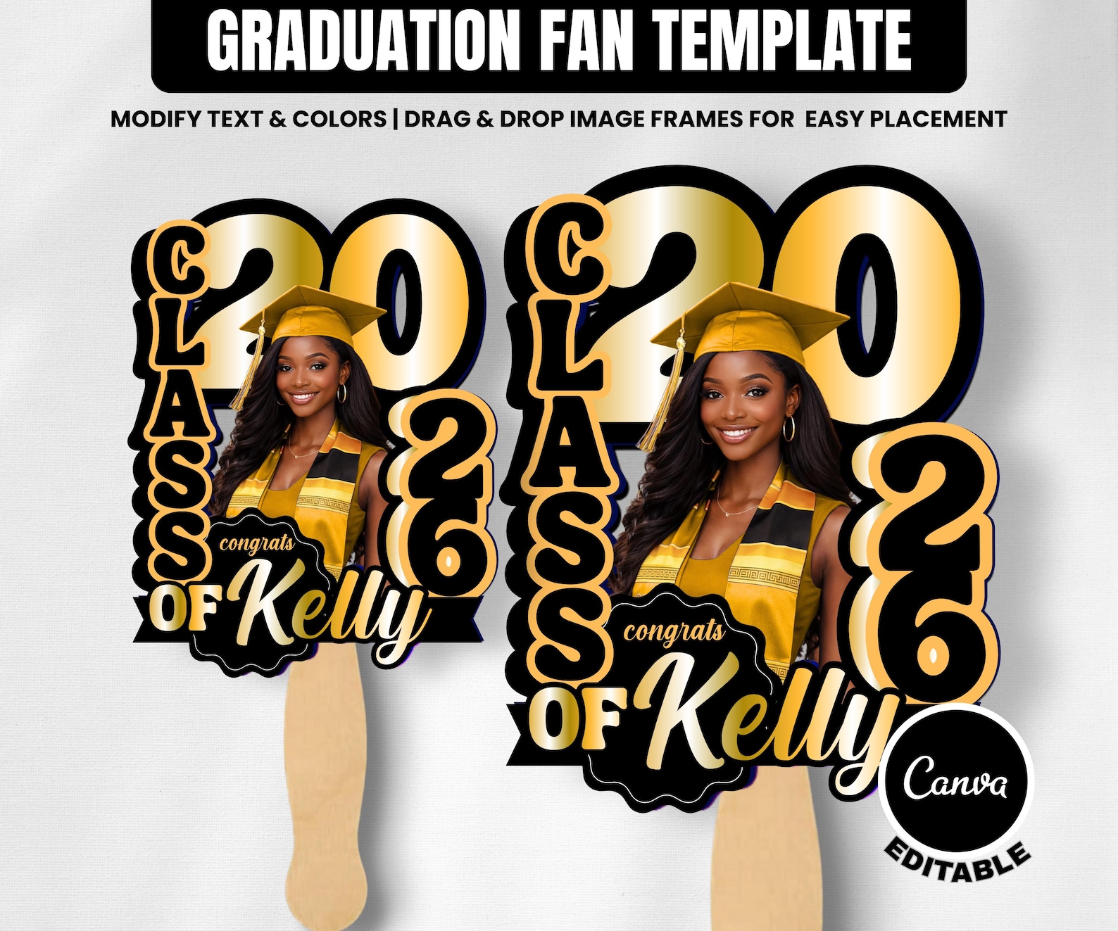 Graduation Fan Template Black & Gold 2026 Grad Fan Canva Graduation ...