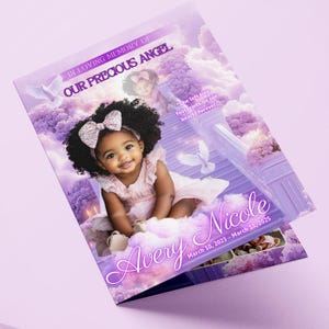 Modello di programma per funerale di bambina viola / Modello di necrologio di 8 pagine Canva / Programma commemorativo per neonati modificabile / Programma tabloid 11x17