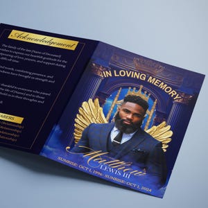 Modello di programma funebre di lusso blu scuro 8,5x11 (8 pagine) / Modello di programma funebre bifold / Necrologio / Programma funebre blu e oro