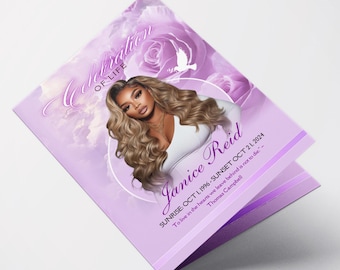 8.5x11 Lavender Purple Rose Funeral Program Template (8 Pages) | Bifold Funeral Program Template| Obituary| Purple Funeral Program| Memorial
