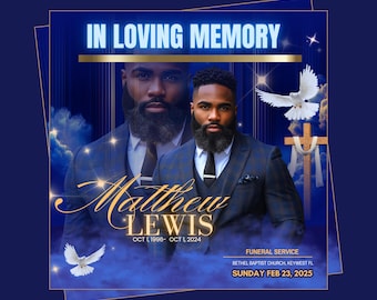 Plantilla de invitación para funeral DIY en azul/folleto de anuncio conmemorativo/anuncio de funeral en Canva/invitación conmemorativa de nube rosa/invitación para funeral