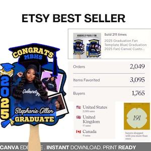 May include: A graduation-themed handheld paddle fan with the text "CONGRATS MBHS 2025" and "Stephanie Allen GRADUATE." The fan features a photo of a graduate and is a Canva editable, instant download, print-ready template.