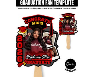 2026 Graduation Fan Template Red an Black Editable Canva Senior Photo Paddle Fan Class of 2026 Printable Grad Fan Template