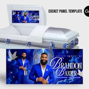 Può includere: Una bara bianca con dettagli blu, con un pannello con un ritratto di un uomo in abito blu. Il pannello include il nome "Brandon Baxter" e il testo "In Loving Memory Of". L'immagine include anche il testo "Casket Panel Template" e il logo Canva.