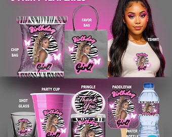 Custom Pink Zebra Birthday Party Favor Templates for Adults| Zebra Print Party Template, Shot Glass, Tshirt, Chip Bag,  Cup, Water Bottle