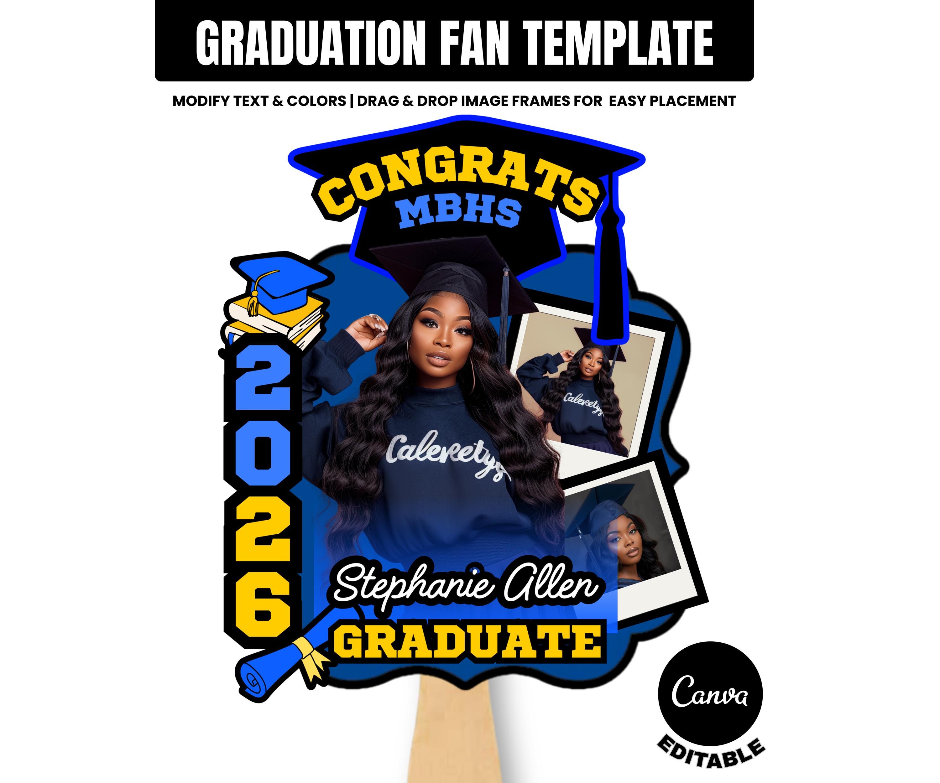 2026 Graduation Fan Template Blue Editable Canva Senior Photo Paddle ...