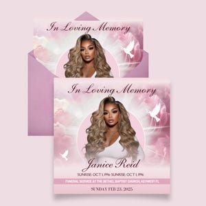 Op de afbeelding: Een roze en witte herdenkingskaart met een foto van een vrouw met lang blond haar. De tekst luidt "In Loving Memory Janice Reid Sunrise: Oct 1, 1996 - Sunrise: Oct 1, 1996 Funeral Service at the Bethel Baptist Church, Key West FL Sunday Feb 23, 2025"
