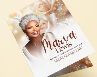 White Rose 11x17 Funeral Program Template (8 Pages) | Bifold Funeral Program Tabloid Size| Women Obituary| White Gold Funeral Program