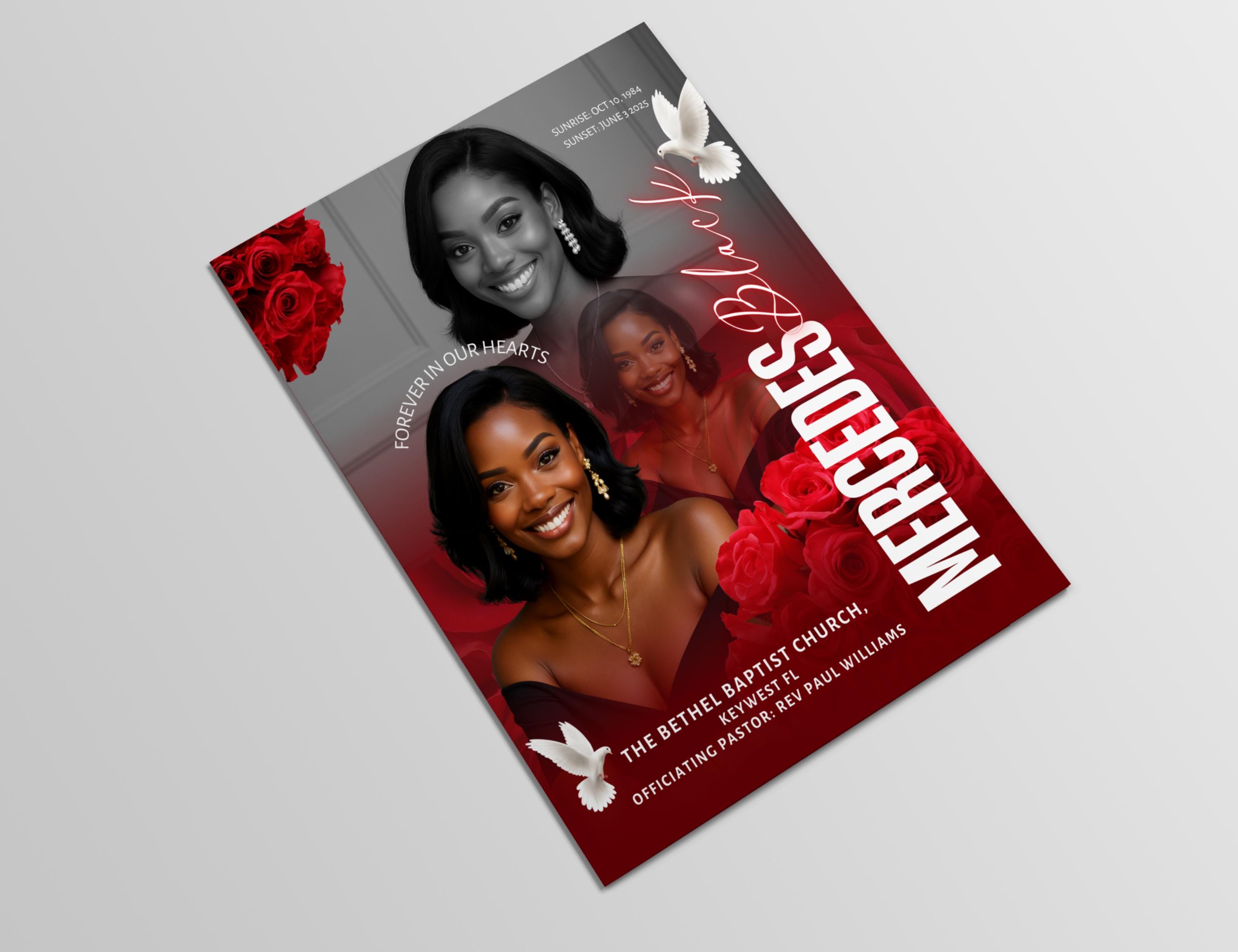 17x11 Red Flower Funeral Program Template (8 Pages) | Bifold Funeral ...