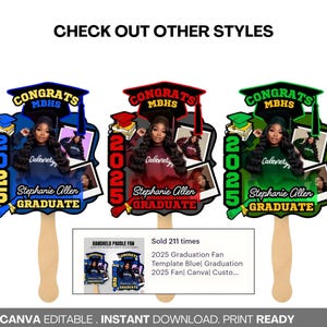 May include: Three graduation paddle fans with different color schemes: blue, red, and green. Each fan features a photo of a graduate, the text "CONGRATS MBHS", "2025", and the graduate's name. The fans have wooden handles and are labeled "GRADUATE".