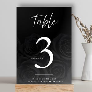 Modèle de numéro de table Loving Memory de 5 x 7 pouces | Numéro de table funéraire noir| Numéro de table commémoratif design| Modèle de numéro de tableau Canvas