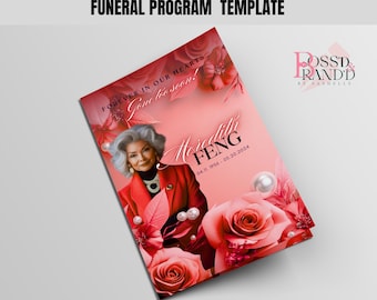 8.5x11 Red Floral Funeral Program Template (8 Pages) | Bifold Funeral Program Template| Obituary| Red Funeral Pearl Program| Memorial Red