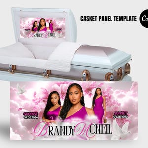 Può includere: Una bara bianca con maniglie color oro e interni rosa e bianchi. Il modello del pannello della bara presenta una foto di una donna in abito rosa, con il nome "Brandy McNeil" e il testo "Casket Panel Template" e "Canva".