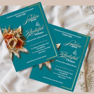 May include: Teal wedding invitation with gold accents. The invitation features a floral arrangement with dried flowers and pampas grass. The text reads "Sophia James & Rudolph McIntyre" and includes the date, time, venue, and dress code. The invitation also includes the phrase "A Night of Love, Laughter & Forever."