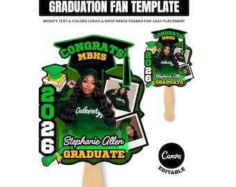2026 Graduation Fan Template Blue Editable Canva Senior Photo Paddle Fan Class of 2026 Printable Grad Fan Template