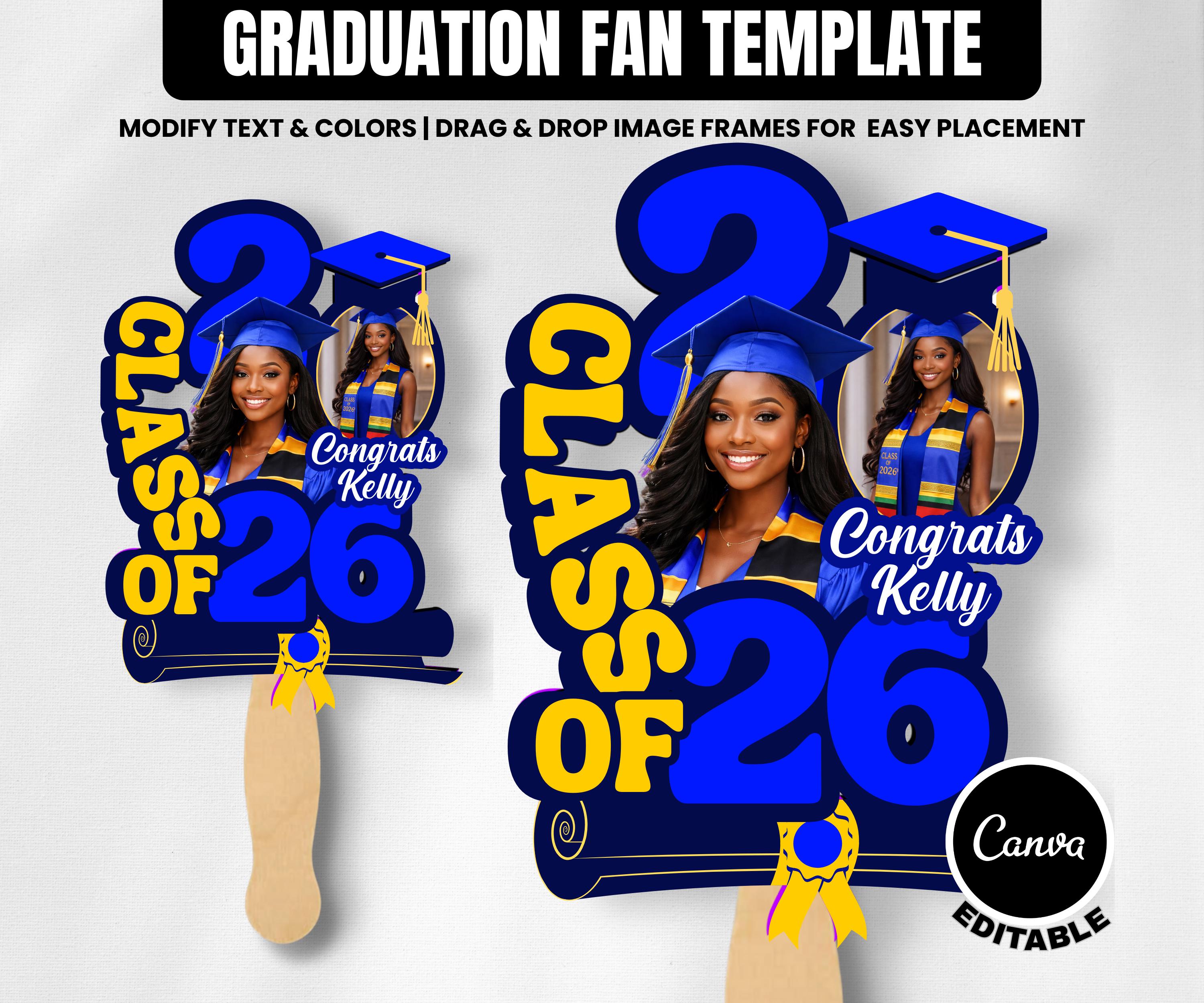 Graduation Fan Template Blue and Yellow 2026 Grad Fan Canva Graduation ...