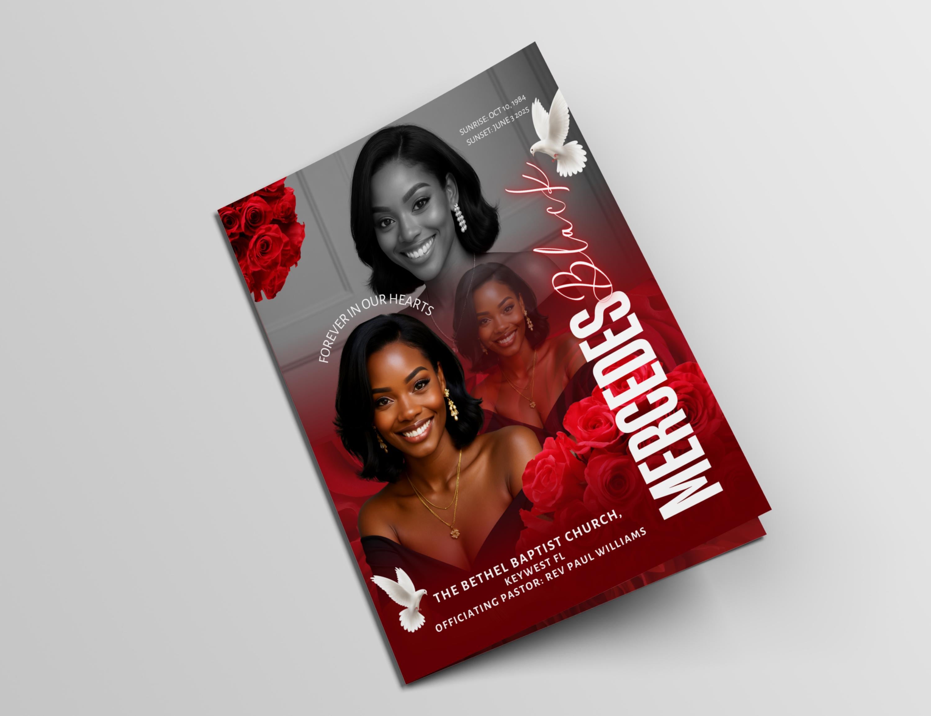 Program Flower Design 17x11 Red Flower Funeral Program Template (8 Pages) | Bifold Funeral ...