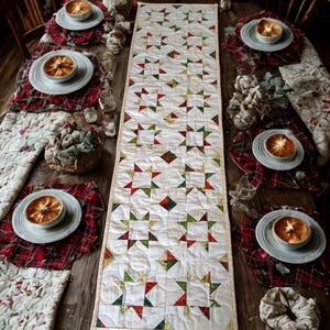 May include: A long, rectangular quilted table runner featuring a repeating star pattern in shades of red, green, and gold on a cream background. The runner is centered on a wooden table set with white bowls and red plaid placemats.