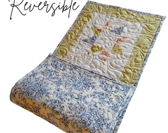 Reversible Custom Patchwork Coffee or end table Quilt or Wall Art, Lime gingham border