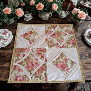 Cottage Roses Kathedrale Fenster Quilt: Wendedecke, Französische Landhausdekoration