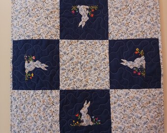 Handmade Embroidery Quilt Bunnies and Flowers Baby Shower Gift Custom Wall Art Spring Home Refresh Blue Floral Decor