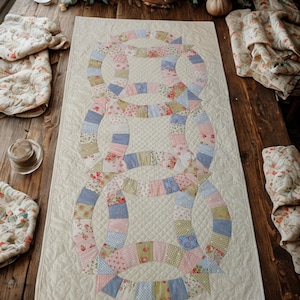 May include: Cream-colored table runner with a quilted Double Wedding Ring design. The rings are composed of patchwork squares in pastel pink, blue, and green floral and patterned fabrics. The runner is on a wooden table.