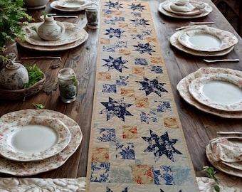 Patchwork tafelloper, blauw toile met beige rozen, landelijke boerderijstijl, 146 cm