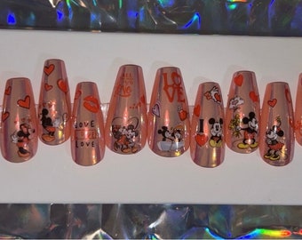 Pink Chrome Minnie and Mickey Mouse Disney Valentine's Press On Nail Set