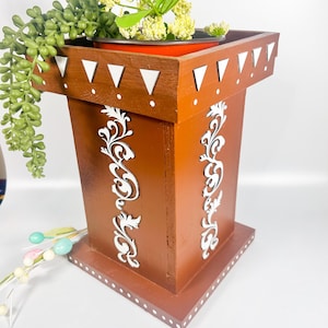Handmade Wooden Tulsi Pot: Sacred Holy Basil Plant Container (W7.5&quot; x L7.5&quot; x H11&quot;)