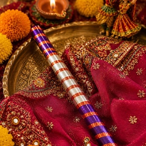 Kids 9” High Quality Decorated Colorful  Wooden Base Dandiya Sticks for Dance / Garba, for Navratri Celebration, Raas. 1 set - two sticks