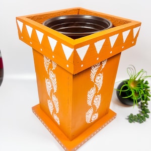 Handmade Wooden Tulsi Pot: Sacred Vrindavan Planter (W7.5 x L7.5 x H11”)