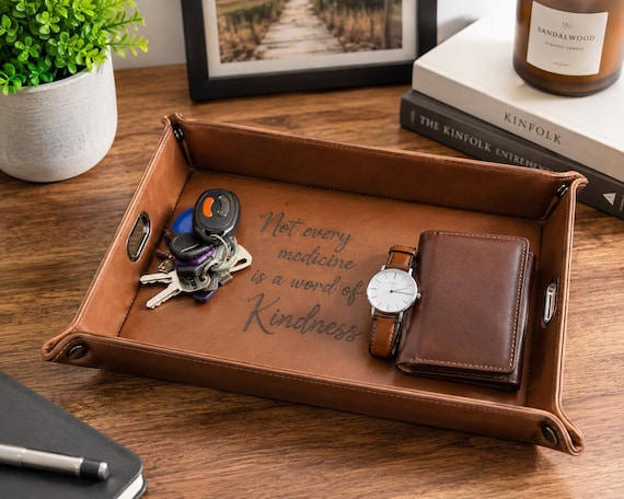 Personalized Leatherette Valet Tray, Custom Engraved Catchall Tray, Men’s Gift, Key Wallet Tray, Nightstand Organizer, Father’s Day Gift