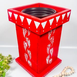 Handmade Wooden Tulsi Pot: Red Vrindavan Plant Container (W7.5 x L7.5 x H11”)