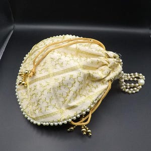 Elegant Ivory Potli Bag with Pearl Handle | Embroidered Bridal Potli Purse | Indian Wedding Favor | Traditional Ethnic Pouch Gift Bag Women