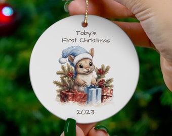 Baby's First Christmas Ornament Ceramic - Boy Squirrel - Personalized Custom Name and Date