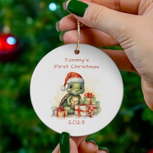 Baby&#39;s First Christmas Ornament Ceramic Baby Boy Turtle - Personalized Custom Name and Date