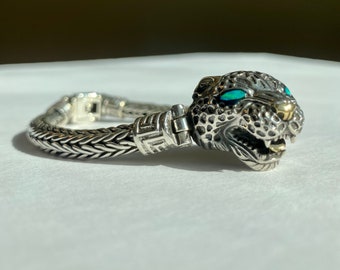 Pre-Hispanic jaguar bracelet 925 silver aquamarine eyes