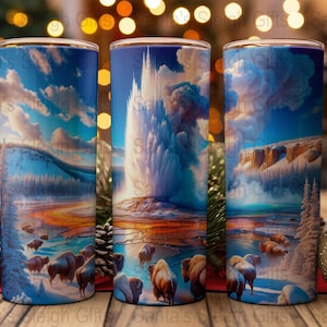 May include: Three stainless steel tumblers with a colorful image of a geyser erupting in Yellowstone National Park. The image also includes a herd of bison in the foreground. The tumblers are a great way to enjoy your favorite beverage while showing off your love for nature.