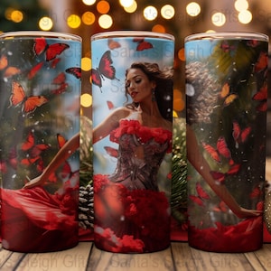 Bailarina de mariposa flamenca vibrante 3D, diseño de sublimación de vaso flaco de 20 oz, envoltura de vaso recto y cónico, vaso PNG, descarga instantánea