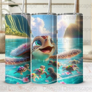 May include: A set of three stainless steel tumblers with a design of a cartoon turtle swimming in the ocean. The turtle has green eyes and a big smile. The ocean is blue and green with a tropical island in the background.