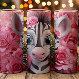 May include: Three stainless steel tumblers with a pink floral design and a cartoon zebra face. The zebra has black and white stripes and a pink nose.