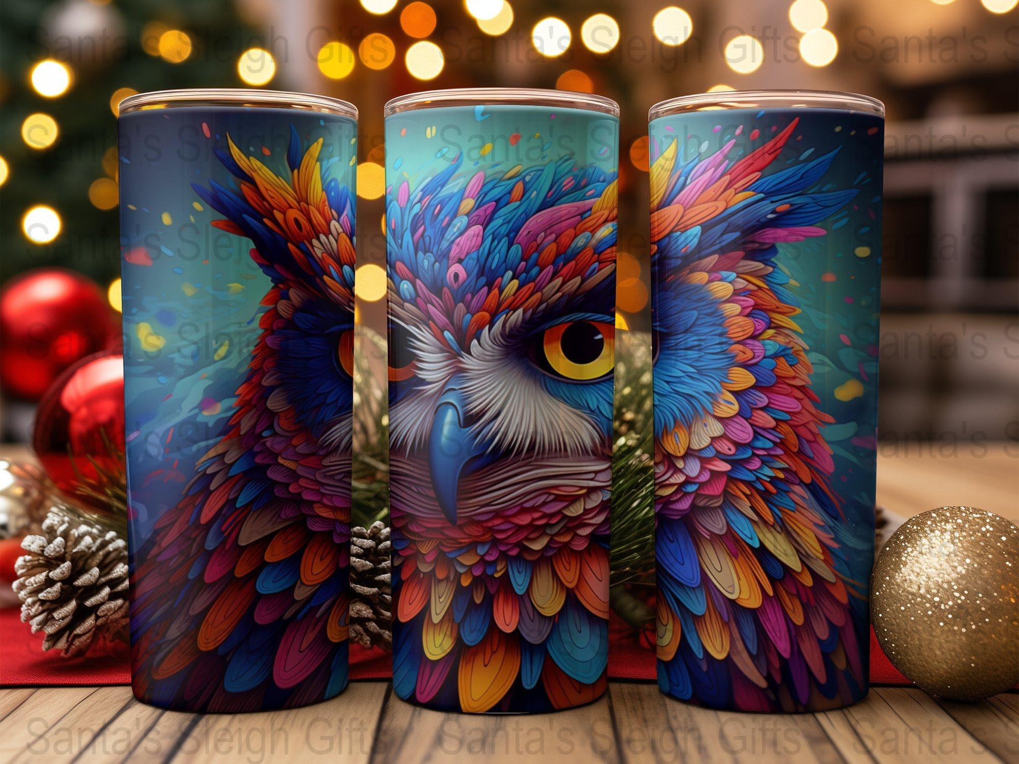 3D Art Tri-Colored Owl 20 oz Skinny Tumbler Sublimation Design, Straight & Tapered Tumbler Wrap,