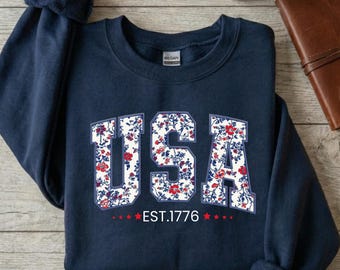 Sudadera con estampado floral de EE. UU., cuello redondo universitario patriótico, sudadera con capucha del 4 de julio, sudadera American Girl, sudadera con estampado de EE. UU., fundada en 1776
