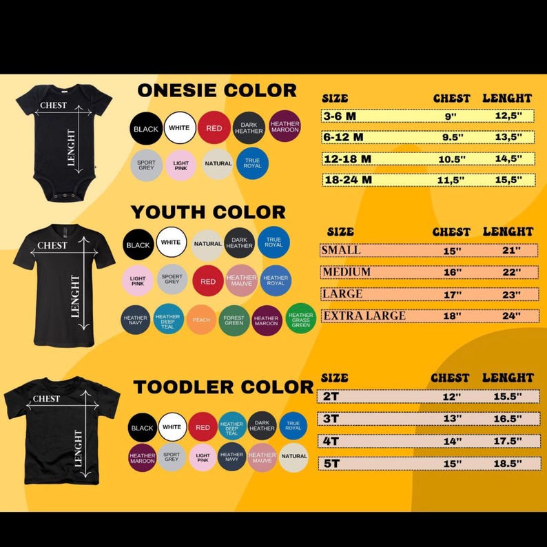 以下が含まれることがあります： ベビー用ロンパース、ユース、幼児用Tシャツの詳細なサイズチャート。胸囲と着丈の測定値（インチ）と、黒、白、赤などの色のオプションが含まれています。サイズは3〜6ヶ月から特大まであります。