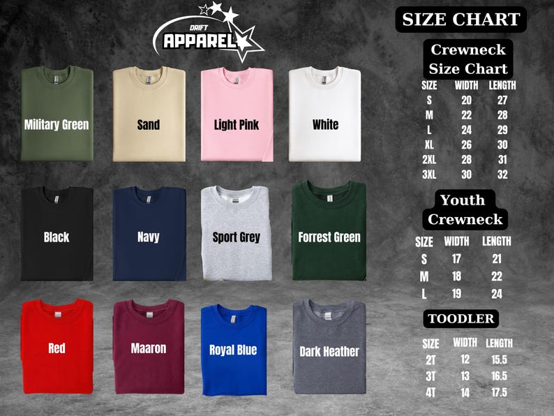 Pu&ograve; includere: Immagine di t-shirt girocollo piegate in vari colori, tra cui verde militare, sabbia, rosa chiaro e bianco. L'immagine include anche una tabella delle taglie per girocollo, giovani e taglie per bambini piccoli.