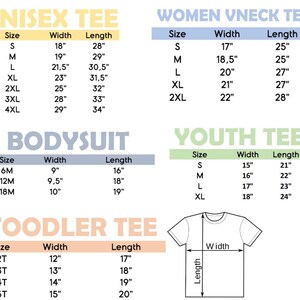 May include: A white background displays size charts for various apparel types, including unisex tees, women's V-neck tees, bodysuits, youth tees, and toddler tees. Each chart lists sizes, widths in inches, and lengths in inches.