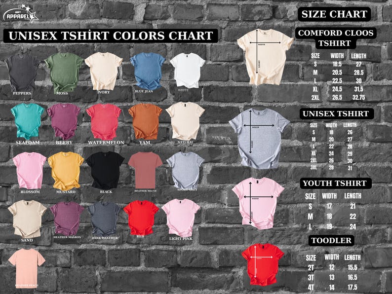 May include: A color chart for unisex t-shirts, featuring various colors like black, green, and pink. The chart includes size measurements in inches for different t-shirt styles, such as Comfort Cloos, Unisex, and Youth.