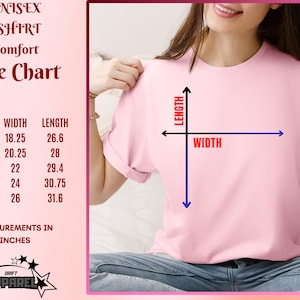 May include: A pink unisex t-shirt with a size chart showing width and length measurements in inches. The chart includes sizes S, M, L, XL, and 2XL. The t-shirt is from Drift Apparel.