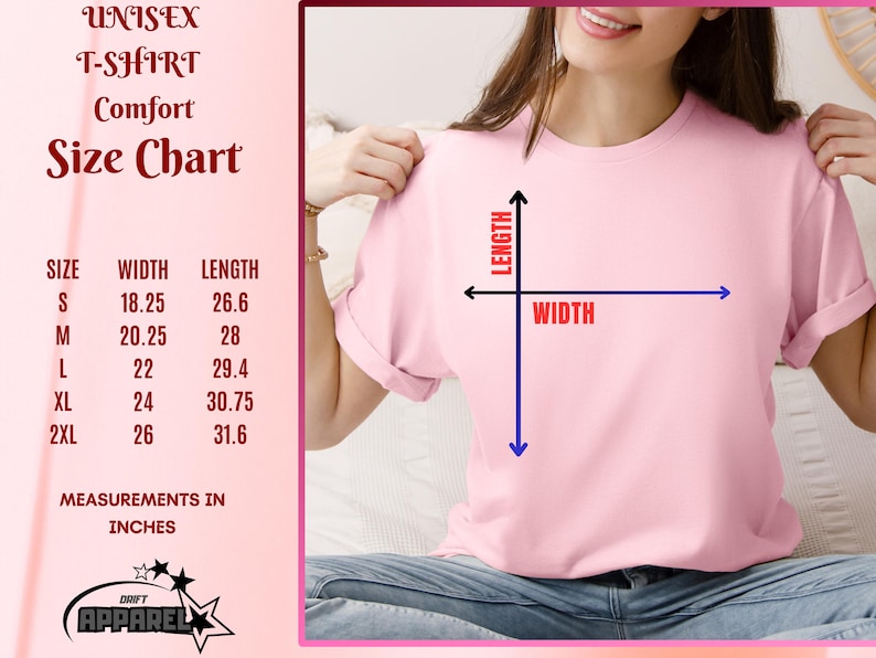 May include: A pink unisex t-shirt with a size chart showing width and length measurements in inches. The chart includes sizes S, M, L, XL, and 2XL. The t-shirt is from Drift Apparel.