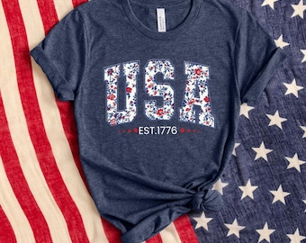 Floral USA Est. 1776 Graphic T-Shirt, Coquette Patriotic Tee, Floral America Shirt, Preppy Women's 4th Tees
